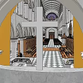 Grand Church Interior Featuring Arched Architecture Wooden Benches And Checkerboard Floor