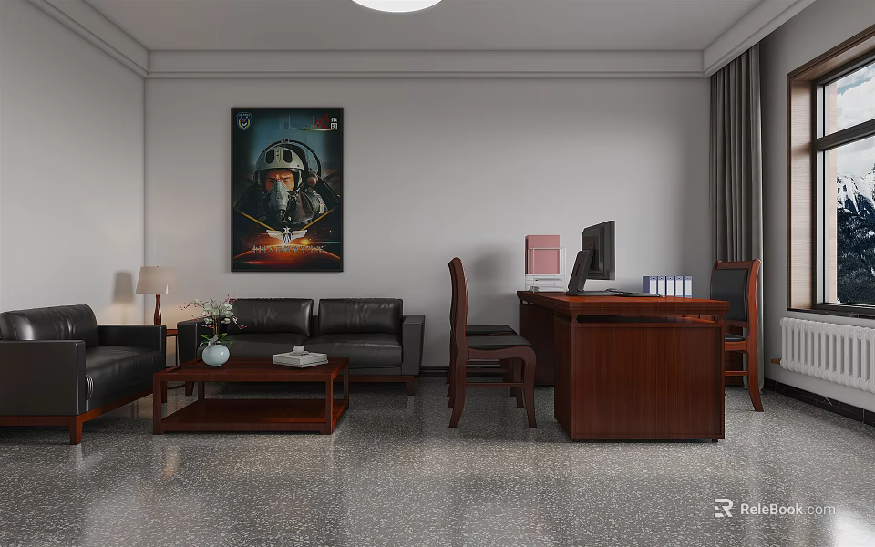 Traditional Office Interior With Leather Sofa Wooden Desk Computer Wall Painting And Coffee Table 3d model 