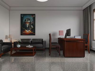 Traditional Office Interior With Leather Sofa Wooden Desk Computer Wall Painting And Coffee Table 3d model
