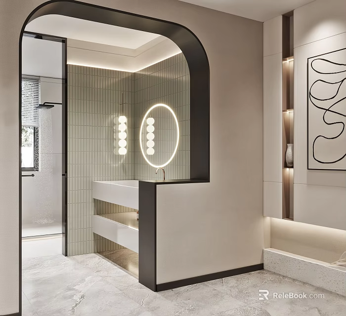 Modern Bathroom Interior With Circular Mirror Lighting Strips And Tiled Walls 3d model