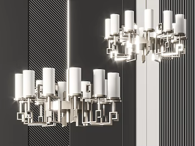 Modern Chandelier With White Cylindrical Shades And Geometric Metallic Frame Design 3d model