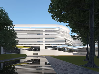 Modern School Building with White Contemporary Design Surrounded by Trees Reflection Pond and Stone Path 3d model