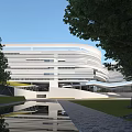 Modern School Building with White Contemporary Design Surrounded by Trees Reflection Pond and Stone Path