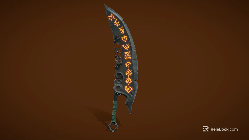 Fantasy Scimitar Weapon With Black Blade Orange Runes Green Hilt And Decorative Patterns 3d model 
