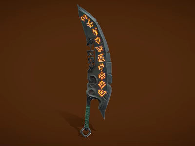 Fantasy Scimitar Weapon With Black Blade Orange Runes Green Hilt And Decorative Patterns 3d model