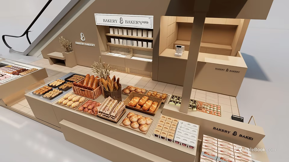 Bakery Shop in Mall Featuring Fresh Bread Pastries and Organized Display Shelves 3d model 