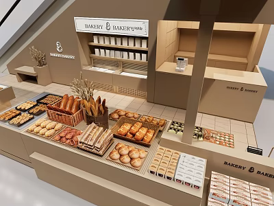 Bakery Shop in Mall Featuring Fresh Bread Pastries and Organized Display Shelves 3d model