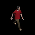 A man wearing red T shirt and brown pants walking against white background