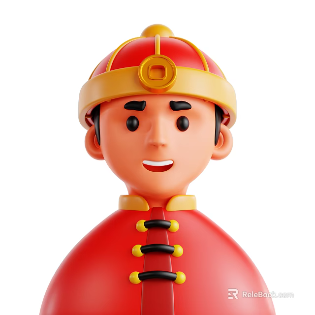 Cartoon Man Wearing Red Chinese Traditional Costume With Golden Yellow Red Hat Smiling 3d model 