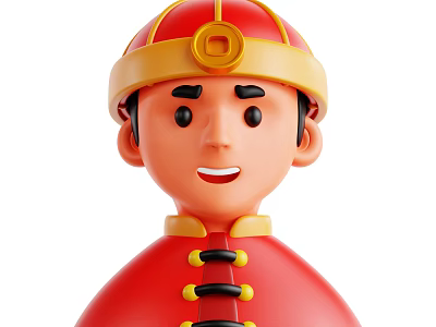 Cartoon Man Wearing Red Chinese Traditional Costume With Golden Yellow Red Hat Smiling 3d model