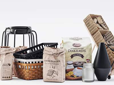 Baking Essentials Cocoa Powder Flour in Paper Bags Wicker Baskets and Glass Jar 3d model