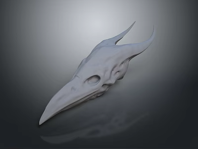 White Bird Skull Sculpture With Long Beak Horns And Detailed Texture On Dark Background 3d model