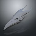 White Bird Skull Sculpture With Long Beak Horns And Detailed Texture On Dark Background