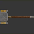 Medieval Hammer With Silver Head Golden Yellow Decorations Wooden Handle And Metal Tip