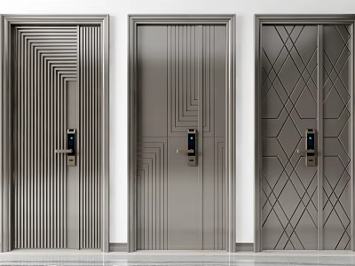 Modern Swing Doors Featuring Different Geometric Patterns Metallic Finish And Smart Lock Design 3d model