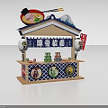Japanese Ramen Stall with Tonkotsu Ramen Signboards Lanterns Wooden Structure and NISSIN Branding