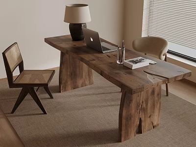 Natural Wood Desk Setup With Laptop Lamp Wicker Chairs And Window Blinds 3d model