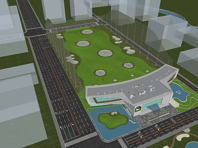 Modern Office Building With Landscaped Green Lawn Circular Planting Areas And Water Feature 3d model
