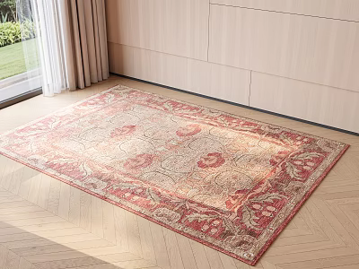 Traditional Patterned Square Rug on Wooden Floor in Bright Living Room with Natural Light 3d model