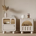 Modern Minimalist Bedside Tables Featuring Round Legs Storage Dried Flowers Globe Lamp And Decorative Figurine
