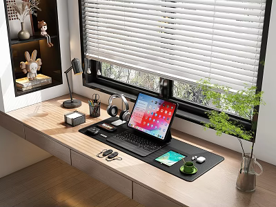 Laptop On Wooden Desk With Headphones Mouse Green Cup Potted Plant And Stationery 3d model