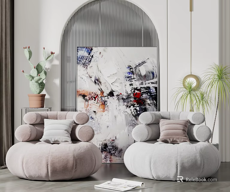 Soft Toned Bean Bag Chairs with Abstract Art and Indoor Plants in Modern Interior 3d model 