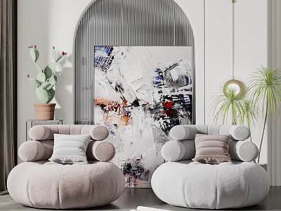 Soft Toned Bean Bag Chairs with Abstract Art and Indoor Plants in Modern Interior 3d model