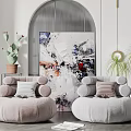 Soft Toned Bean Bag Chairs with Abstract Art and Indoor Plants in Modern Interior