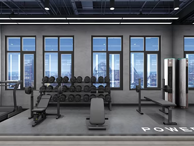 Fitness Gym With Dumbbells Workout Equipment Large Windows And Power Floor Design 3d model