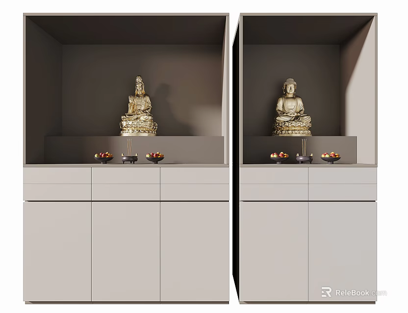 Modern Gray Buddhist Shrine Cabinet With Golden Buddha Statues And Drawers 3d model 