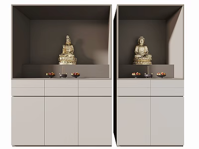Modern Gray Buddhist Shrine Cabinet With Golden Buddha Statues And Drawers 3d model
