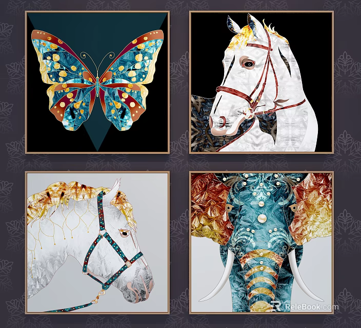 Colorful Animal Paintings Featuring Butterfly Horse and Elephant with Ornate Details 3d model 