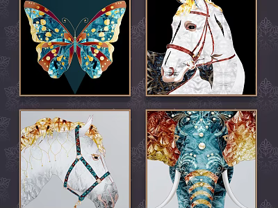 Colorful Animal Paintings Featuring Butterfly Horse and Elephant with Ornate Details 3d model