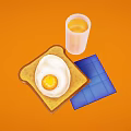 Delicious Breakfast Toast With Fried Egg And Orange Juice On Blue Placemat
