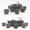 Natural Stone Tea Table and Stools with Tea Set and Rustic Decor 3d model