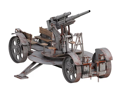 Antique Military Artillery Weapon With Rusty Metal Wheels And Vintage Structure 3d model