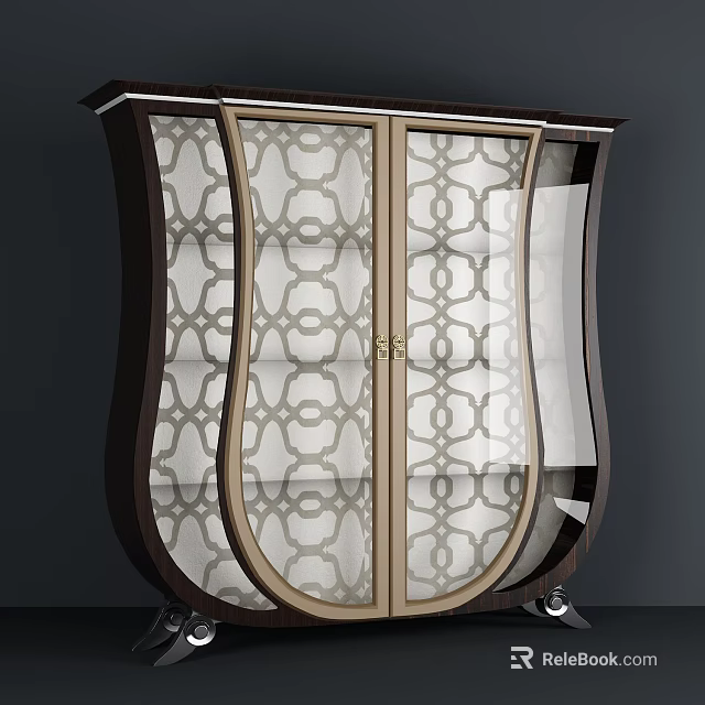 Elegant Modern Wardrobe Design With Wooden Frame And Glass Doors Featuring Geometric Pattern And Wheels 3d model 