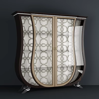 Elegant Modern Wardrobe Design With Wooden Frame And Glass Doors Featuring Geometric Pattern And Wheels 3d model
