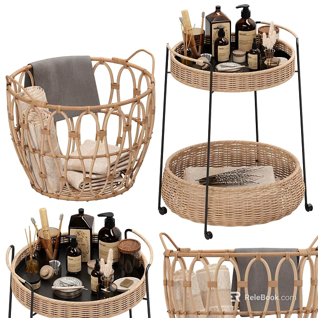 Stylish Wicker Storage Baskets and Rolling Trolley for Daily Washing Essentials with Towels Toiletries 3d model 