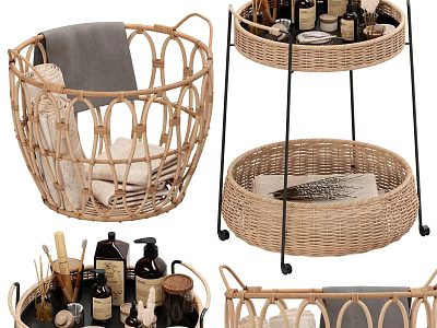 Stylish Wicker Storage Baskets and Rolling Trolley for Daily Washing Essentials with Towels Toiletries 3d model