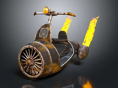 Vintage Unique Motorcycle With Metallic Design Aircraft Engine Wheel And Burning Flames 3d model