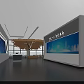 Modern Exhibition Booth Interior With Large Screen Airplane Image Blue Displays And White Seats