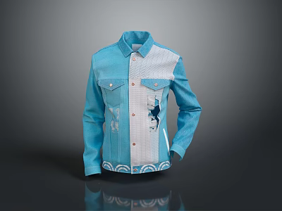 Blue Denim Jacket With White Panel Stag Pattern Front Pockets Button Closure 3d model