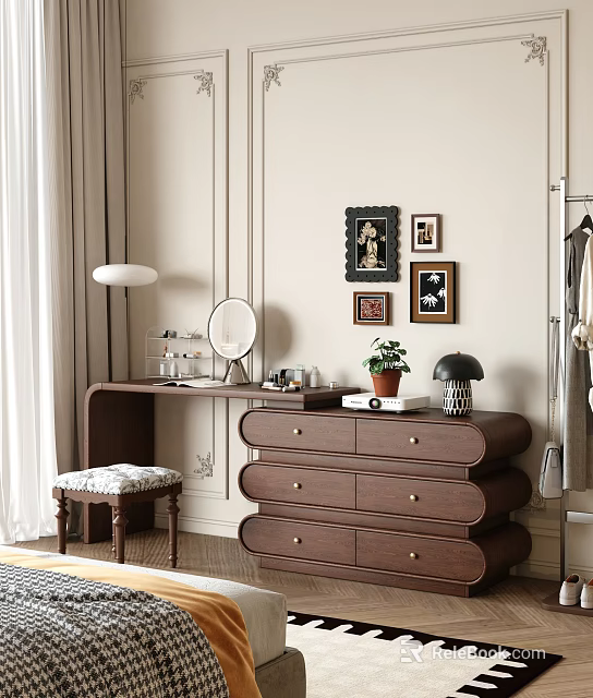 Elegant Wooden Dressing Table With Round Mirror Potted Plant Furry Stool And Framed Wall Art 3d model 