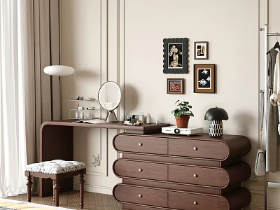 Elegant Wooden Dressing Table With Round Mirror Potted Plant Furry Stool And Framed Wall Art 3d model