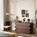 Elegant Wooden Dressing Table With Round Mirror Potted Plant Furry Stool And Framed Wall Art
