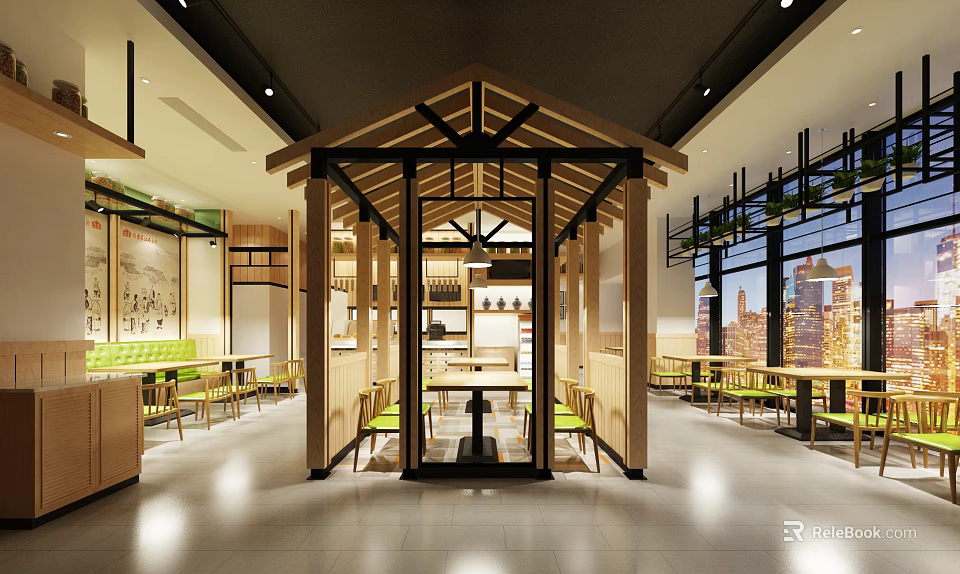 Traditional Modern Restaurant Interior With Wooden Pavilion Partition Green Seats And City View Windows 3d model 
