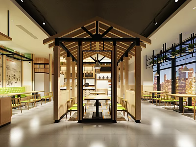 Traditional Modern Restaurant Interior With Wooden Pavilion Partition Green Seats And City View Windows 3d model