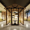 Traditional Modern Restaurant Interior With Wooden Pavilion Partition Green Seats And City View Windows