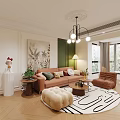 Modern Living And Dining Room Interior With Orange Sofa Dining Table Chandelier And Area Rug